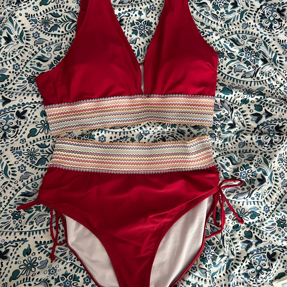 Stylish Red Bikini with Patterned Accents